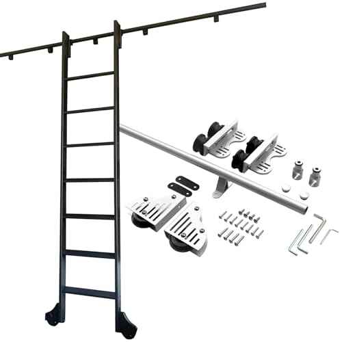 Kit di scale retrattili per casa, ufficio e biblioteca, in acciaio argentato, con binario scorrevole e ruote a rulli per pavimento (100 cm), scale non incluse