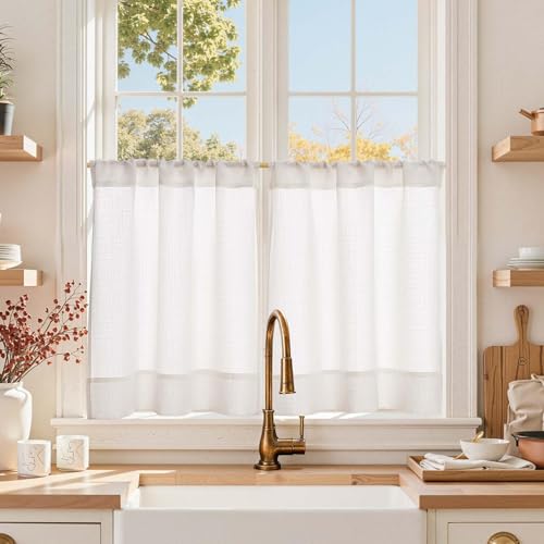 Hedremy 2 Stück Kurzvorhänge, Küchenvorhänge Weiss Leinen 60x65cm, Moderne Küche Gardinen mit Leinenoptik, Lichtdurchlässig, für Küche, Bad, Wohnzimmer und Wohnmobil – Ideal für Kleine Fenster