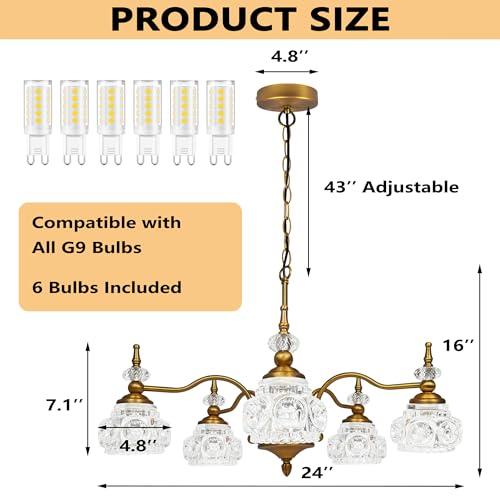 Montex CL005 Vintage Pendant Light Fixture 5 Lights Gold Brass Vintage Chandelier Crystal Glass Shade Brass Pendant thumb #3