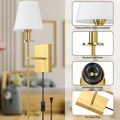 Set Of 2 Gold Slim Wall Sconces With White Lampshade, Plug In Or Hardwired Indoor Wall Light, Rustic Wall Mount Lantern Fixture Bedroom Brass Metal Stand Wall Lamp For Living Room Vanity Bathroom #TOP2