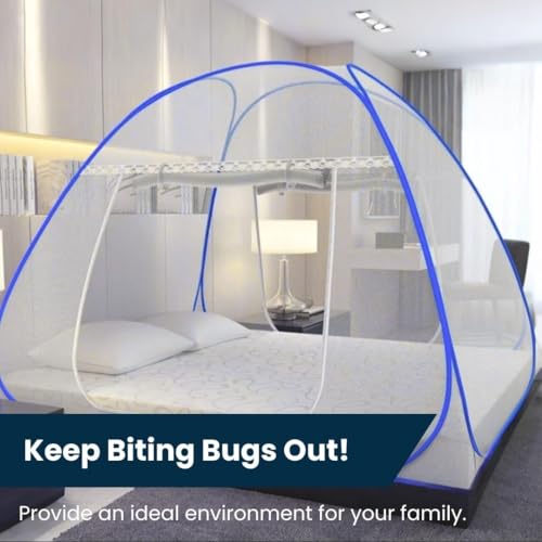 Image of King Size Foldable Mosquito net for Double Queen Bed | Pack of 2 | 30 GSM Polyester Fabric | Corrosion Resistant Steel Frame | Foldable Tent Style machardani with Dual Zipper | Blue