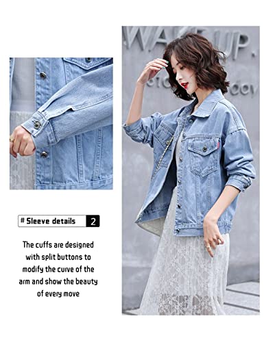 Happlan Embroidered Denim Jacket For Women Loose Lapel Button Down Print Shirt Coat Shacket(0229-Blue-S) #TOP4