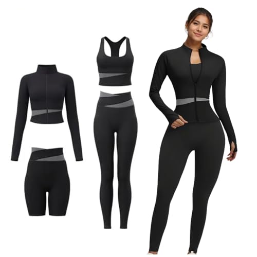 ZiaWorld 4pcs Women Yoga Wear Workout Set with Zipper Long Sleeve Jacket Fitness Yoga Leggings Sports Bra for Running Fitness Seamless Tracksuit (Black, L)