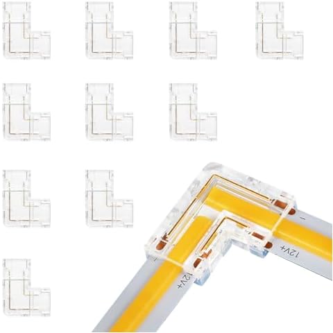 LightingWill LED Connectors 2Pin 8mm, 10 PCS L Shape Connector Transparent Solderless, Right Angle Corner Tape Light Connector, No Dark Area for COB/SMD 2835 3528 Single Color LED Strips Cover