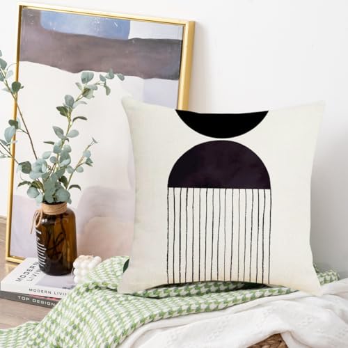 IcosaMro Boho Pillow Covers 18x18 Set of 4, Mid Century Modern Arch Sun Decor Cotton Linen Throw Pillow Cover Decorative Boho Cushion Cover with Zipper, Black and White