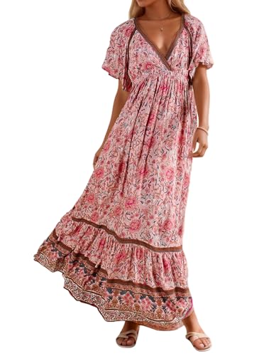 Image of R.Vivimos Women's Summer V Neck Maxi Dress Boho Floral Print Short Sleeve Elastic Waist Ruffle Patchwork A-Line Beach Dress