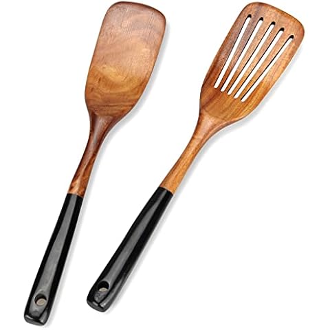 2 Pcs Best Wooden Spatula Set for Cooking Kitchen Slotted Turner Spatula Flat Wood Wok Spatula Non Stick Cooking Utensils for Frying Mixing Teak Fish Spatula Turner Black Egg Flipper Spatulas Cover