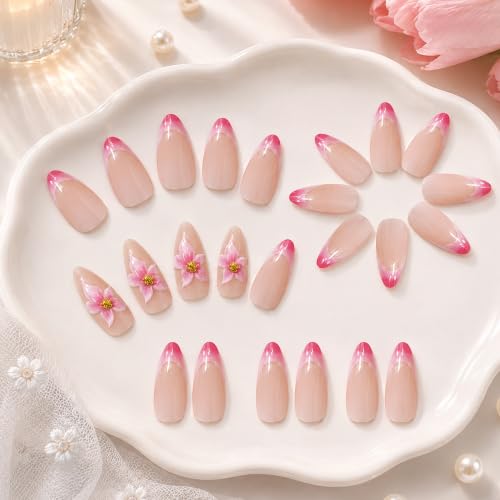Image of Secret Lives Pink French Tip Press-On Nails, Nude Pink Almond Fake Nails with 3D Flower Golden Accents Artificial Nail Art, 24-Piece Set with Kit