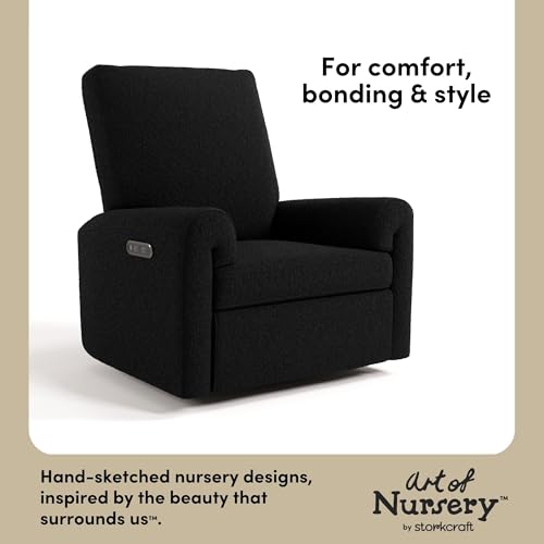 Image of Storkcraft Sorrento Deluxe Power Recliner Swivel Glider - Premium Electronic Nursery Rocking Chair, Oeko-TEX 100 Certified, Includes Dual-USB Charging Port with USB-A & USB-C (Black Boucle)