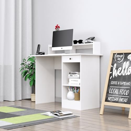 Image of Bniture Wooden Study Table for Home | Engineered Wood Study Table with Book Shelf | Multi Purpose Computer Desk for Study & Writing | Laptop Table for Home with Drawers & Storage Shelf | Frosty White