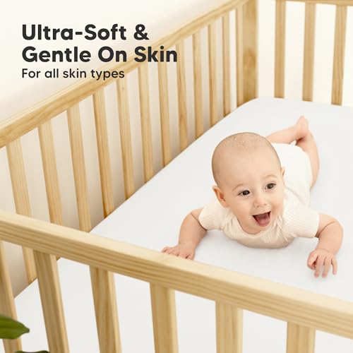 Image of 2-Pack Waterproof Baby Crib Sheets for Boys, Girls, 52x28 (Soft White) | Viscose Derived from Bamboo Toddler Bed Sheet Neutral, Fitted Crib Mattress Protector Cover for Baby Bedding, Soft & Gentle