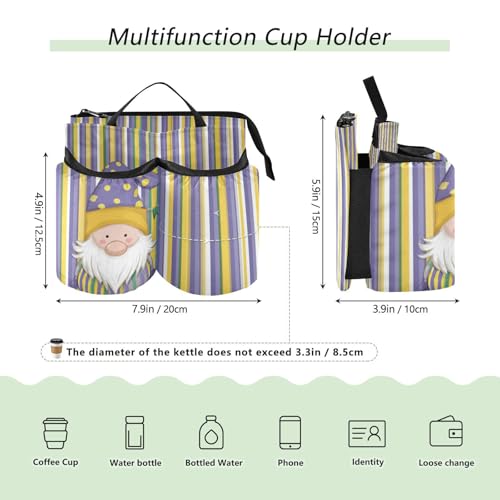 Image of Luggage Cup Holder for Suitcases Free Hands Suitcase Cup Holder Travel Luggage Drink Holder Portable Luggage Cup Caddy Bag Carrier with Handle Stripe Mardi Gras Gnome
