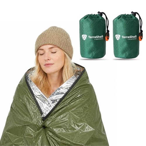 TerraShell Emergency Sleeping Bag | 2X Pack | Survival Bivy Sack with Built-in Whistle Waterproof Thermal Mylar Blanket Compact Lightweight Emergency Gear for Hiking Camping and Outdoor