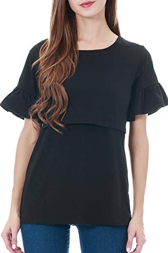 Preisvergleich Produktbild Smallshow Stillshirt Kurzarm Umstands Tshirt Umstandstop Umstandsmode Rüschen-Kurzarm Schwangerschaft Shirt L Black