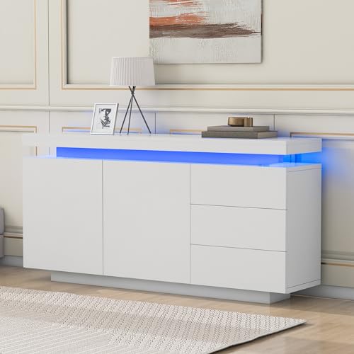 Jaxenor Hochglanz Sideboard Wohnzimmer mit 2 Türen 3 Schubladen, Wohnzimmerschrank mit LED Licht, Küchenschränke Einzeln, Esszimmerschrank, Grifflose, Weiß