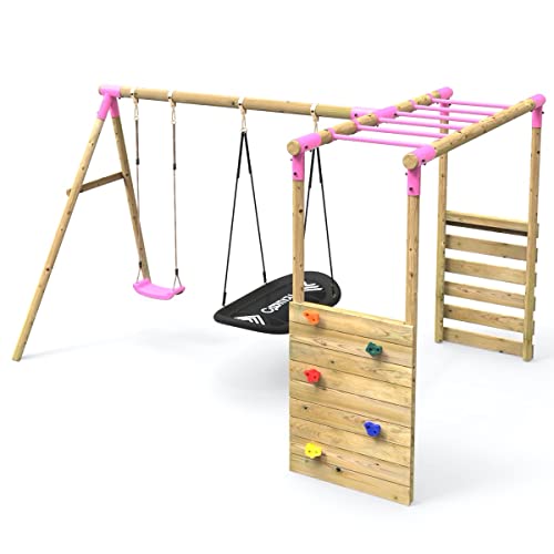 Rebo® Wooden Garden Swing Set with Extra-Long Monkey Bars Attachment - Sage Pink | OutdoorToys | Kids' Outdoor Wooden Play Equipment for Gardens, Frame and Accessories Included, Weather Resistant