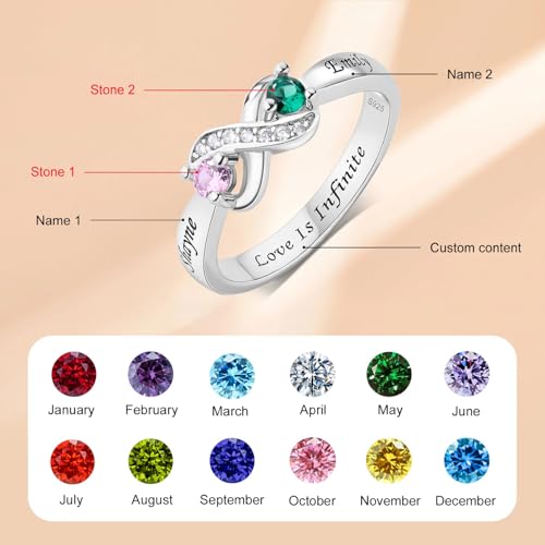 Personalized 925 Sterling Silver Mother’s Ring with 2 Birthstones, Custom Engraved Name, Promise Engagement Ring for Mom, Grandma, Wife-Ideal Gift for Mother’s Day, Birthdays, Weddings2