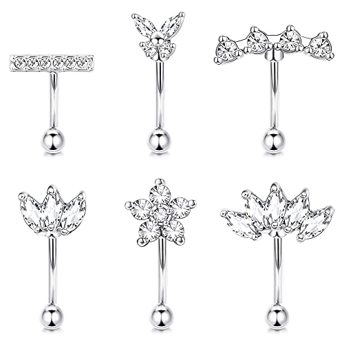 Finrezio 6 Pcs 16G Rook Daith Pendientes para Mujeres Piercing Ombligo Acero Quirurgico Anillo de Labio Cartílago Tragus CZ Body Piercing Curvo Barbell Ceja Anillo 6mm