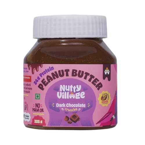 Nutty Village Dark Chocolate Peanut Butter Crunchy 325g with 24g Protein - No Refined Sugar and No Palm oil - Vegan and Gluten free - Healthy Spread f