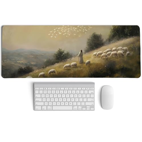 PaJiaNi Retro Christian Themed Mouse Pad,Jesus Religious Mouse Pad,Big Large Vintage Easter Desk Mat,Jesus The Good Shepherd,Religious Gifts Christian Gifts for Women,Christian Room Decor,31.5x11.8In