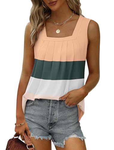 Image of Saloogoe Summer Tank Tops for Women Loose Fit Pleated Square Neck Sleeveless Tops Curved Hem Flowy