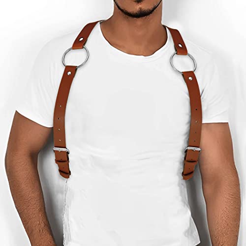 COSYDAYS Men Leather Chest Harness Belt Punk Body Shoulder Harness Ring Adjustable Buckle Straps Party Rave Body Jewelry (Brown)3