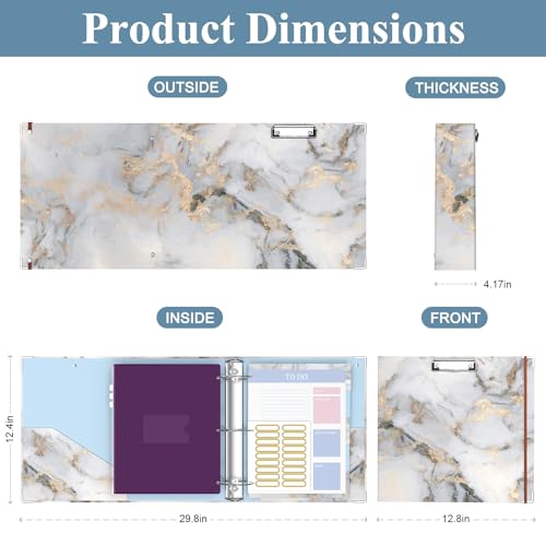 Image of 3 Ring Binder, 3 Inches Round Ring Binder with Clipboard, Dividers Tabs, PVC Zipper Bag Sleeves & to Do List Planners for Women, Men, School, Office Supplies, White Marble
