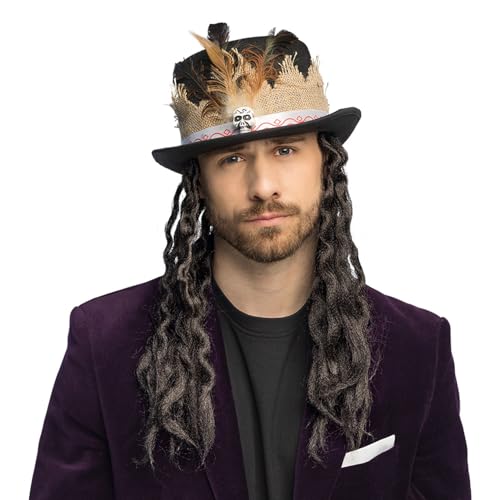 Boland 97091 - Chapeau vaudou avec cheveux, haut-de-forme pour Halloween, carnaval et déguisements, chaman, guérisseur
