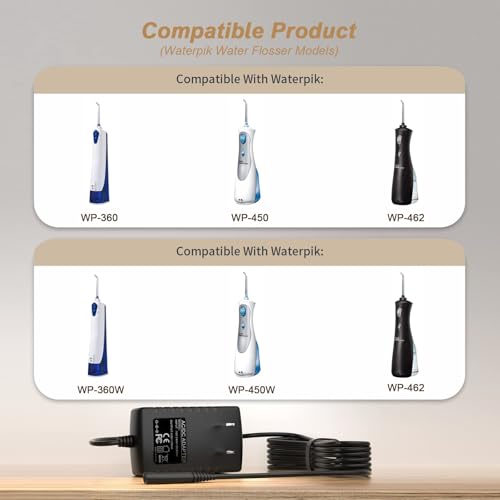 Replacement for Waterpik Charger Compatible with WP360 WP360W WP462 WP462W WP450 WP450W Power Cord 【Two Prong Adapter】