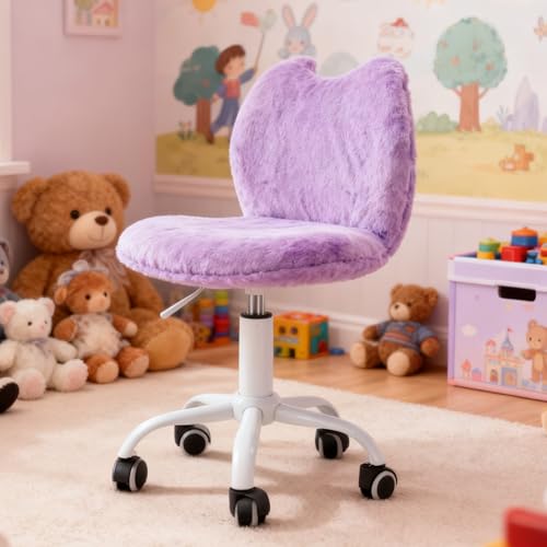 Cute Fuzzy Kids Chair Funny Rolling Study Desk Chair Colorful Girls Vanity Swivel Chair with White Foot