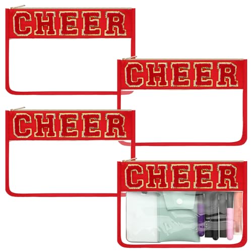 Abbylike 4 Pcs Cheer Makeup Bag Gift Set 11.8x8.2 Inches for Cheerleader Team Girls Clear Chenille Letter Cosmetic Bags Zipper Toiletry Makeup Pouch Bulk Women Travel Snack Bag(Red,Cheer)