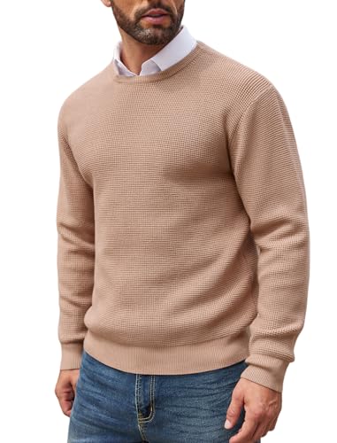 COOFANDY Pull d'hiver Moderne en Tricot gaufré sans Capuche pour Homme Pull d'hiver à col Rond Kaki Clair M