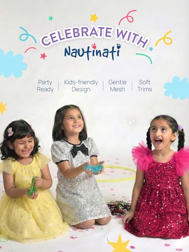 Image of Nautinati Baby Girls Fit & Flare Colourful Party Frock with Mesh & Sequins | Age 0-3 Years