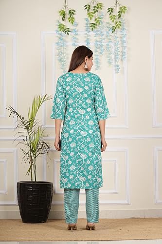 Image of Yash Gallery Women's Cotton Cambric Knee Length Round Neck Floral Printed Embroidered & Checkered Printed Regular Fitted 3 /4Th Sleeve Kurta Pant With Dupatta