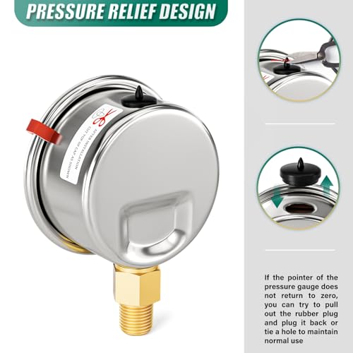 Image of 0-60Psi Stainless Steel Dry Low Pressure Gauge 1 /8 inch NPT 2 inch Dual Scale Dial, Lower Mount, Waterproof for Water Oil Air Well pump, compressors, Tire Gas Pressure Test (with Range Mark Pointer)