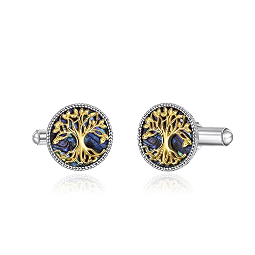 YAFEINI Tuxedo Cufflinks for Men Sterling Silver Tree of Life Men's Round Cuff Links with Abalone Shell Family Tree Business Wedding Groomsmen Gifts Suit Shirt Accessories for Men Father