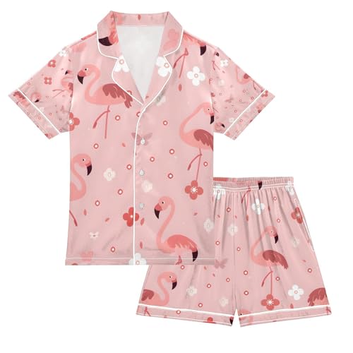 senya Flamingo 1 Satin Summer Pajama Sets Silk Short Sleeve Button Down Sleepwear