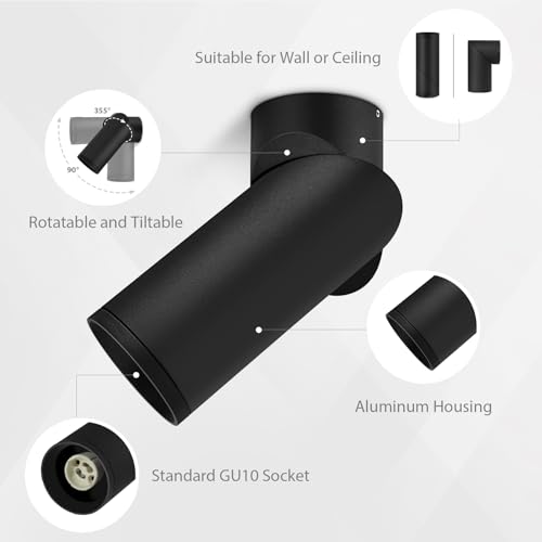 Aufbauspot Schwarz - Schwenkbar Aufbaustrahler mit GU10 Fassung - Aufbauleuchte aus Aluminium Runde Deckenspots Aufputz Spots Verstellbare Deckenstrahler für Wand & Decke, 58 x 150mm,Ohne Leuchtmittel