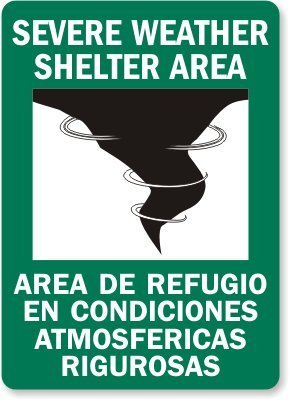 Unoopler Severe Weather Shelter Area (with Graphic) (Bilingual), Adhesive Signs and Labels, Metal Sign, 8" x 12"