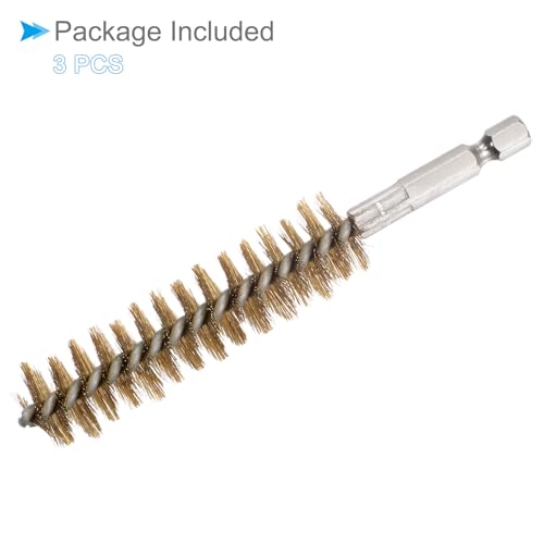 Image of Bore Brush, 19mm Dia 75mm Length, Brass Twisted Cleaning Wire Brushes with 1 /4 inch Hex Shank - (Applications: for Power Drill), 3-Pieces
