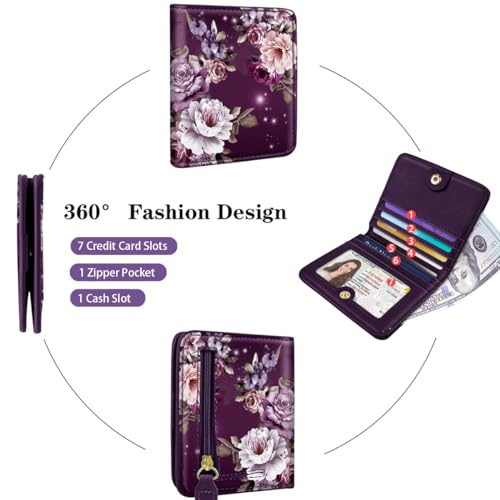 Image of Small Womens Wallet Thin Credit Card Holder Pocket Mini Purse | Compact Women Slim RFID Blocking Wallets Bifold Ladies Pocket Card Holders for Travel & Daily Use, Purple Flower