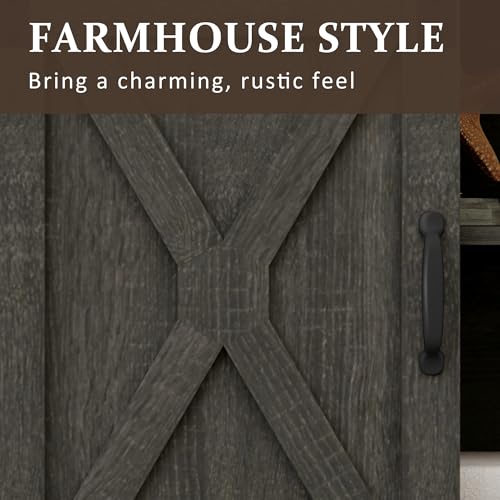 Image of RoyalCraft Farmhouse TV Stand for 65+ Inch TV, 34'' Tall Entertainment Center with Sliding Barn Doors, Rustic Wood Media Console Storage Cabinet Television Stand for Living Room, Bedroom (Dark Grey)