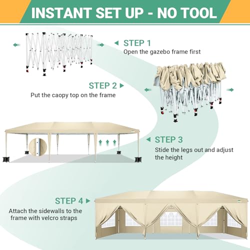 Image of COBIZI 10x30 Canopy Party Tent with 8 Walls 10x30 Pop Up Tent for Parties Waterproof UPF 50+ Outdoor Commercial Event Tent for Party Backyard Gazebo Canopy with Sidewalls & Sandbags(Khaki /10x30ft