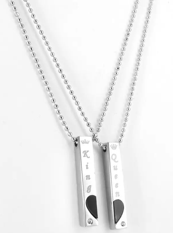 His Queen and Her King Crown Couple Black Bar Pendant with Black Chain, Silver Rhodium Stainless Steel Metal Alloy Locket Set