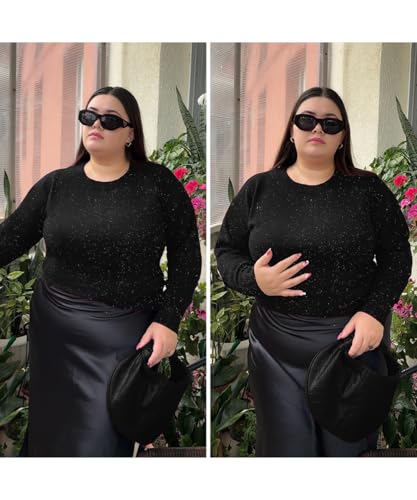 Image of CARCOS Plus Size Sweaters for Women Solid Crew Neck Knit Tops Casual Long Sleeve Pullover Sweater Sparkly Tunic Shirts