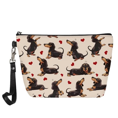 Jeiento Kosmetiktasche für Damen, tragbar, klein, Make-up-Tasche, Kulturbeutel, Organizer, PU-Leder, Dackel-Hunde-Liebesherz, L