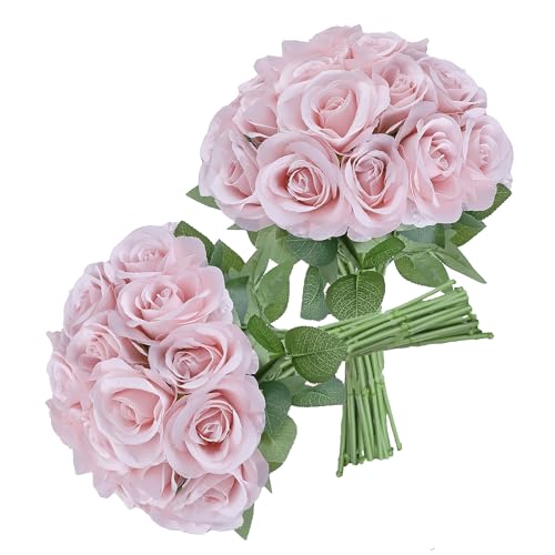 JUSMAI 30pcs Roses Artificial Flowers Real Touch Fake Flowers with Long Stems Silk Flowers for Wedding Bouquet Centerpices Decorations Party Bridal Baby Shower Home Decor (Dusty Pink)