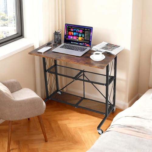 IDEALHOUSE 31.5'' Foldable Desk with Wheels, 3-Tier No Assembly Rolling Cart with Wood Top & Side Baskets, Mobile Workstation for Study, Kitchen, Living Room, White by IDEALHOUSE - Image 5
