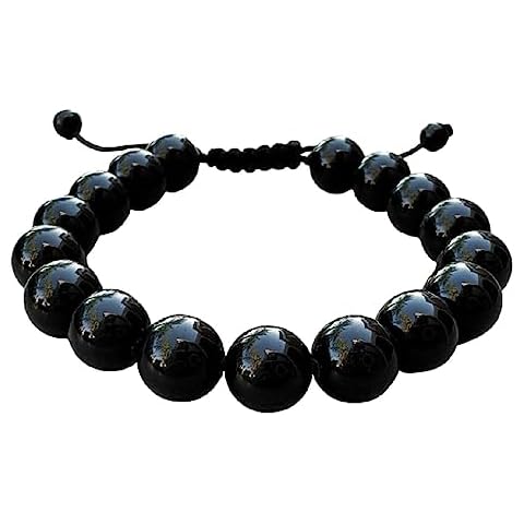 GAF TREASURES Black Obsidian Gemstone Round Bead Adjustable Bracelet 10mm, Genuine Crystal Bead Bracelet, Gift for Men & Women (Black Obsidian) Cover