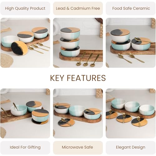 Image of The Earth Store TT Green Matte Ceramic Bowl Serving Set - 3 Bowls (500ml Each) with Wooden Tray, 3 Spoons & 3 Multipurpose Lids /Coaster - for Snacks, Curries, Desserts & Fruits | Diwali Gift